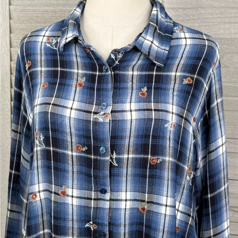 KNOX ROSE Plaid Floral Embroidered Button Down Shirt Blue/Multi-XL - Picture 2 of 4